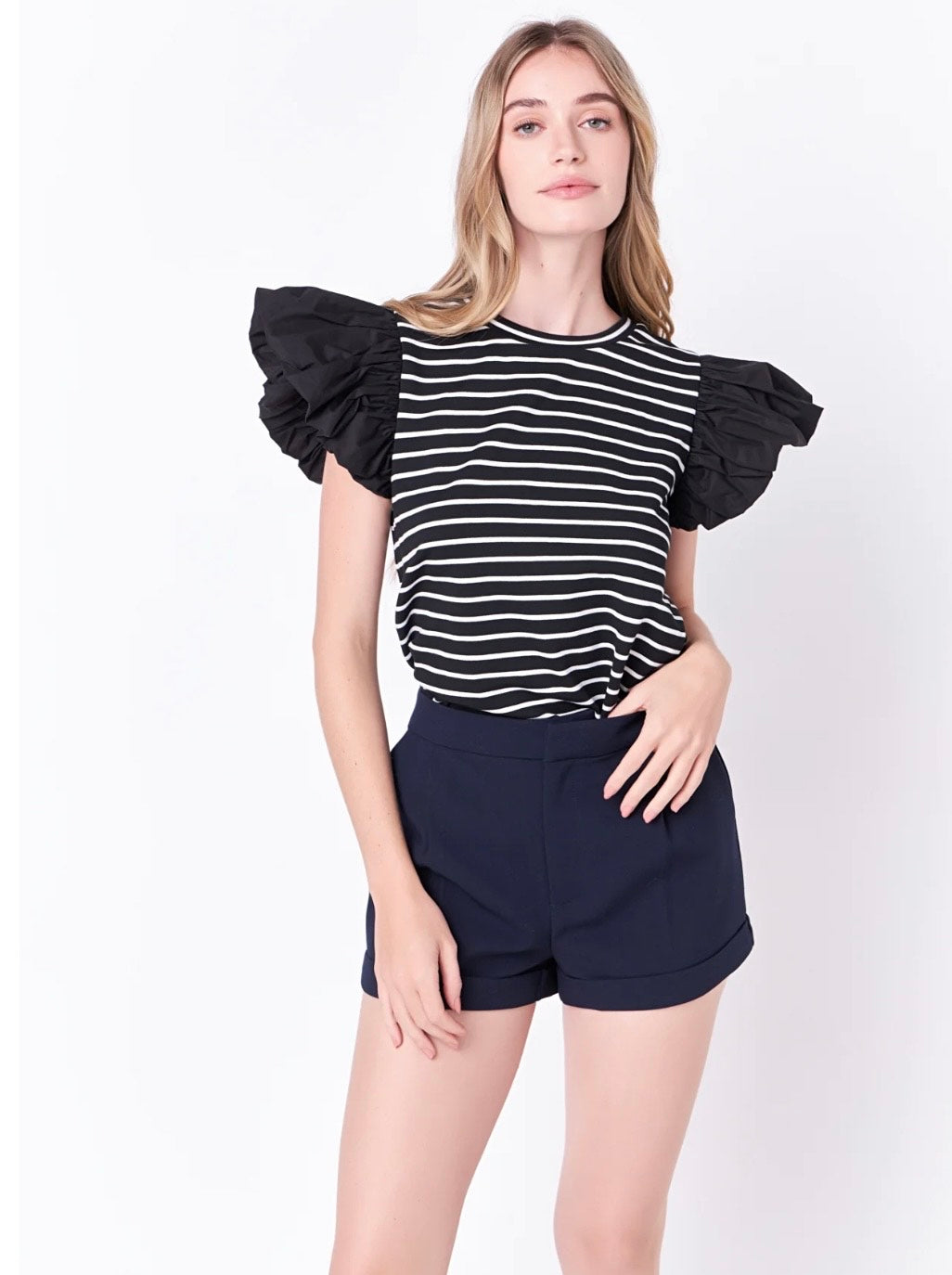 Stripe poplin puff sleeve top